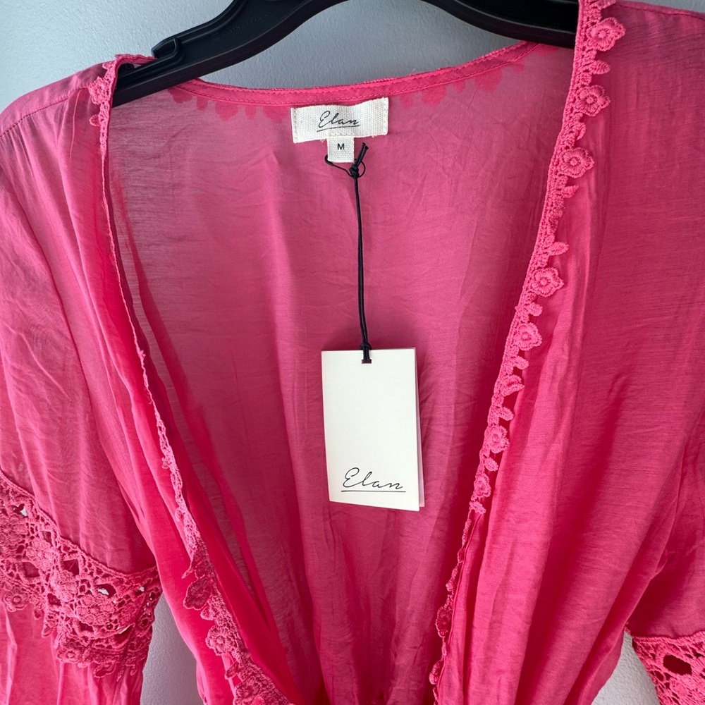 NWT Elan Pink Boho Kimono Kaftan Robe Bell Sleeves Tie Waist Size M Resortcore - Picture 5 of 9